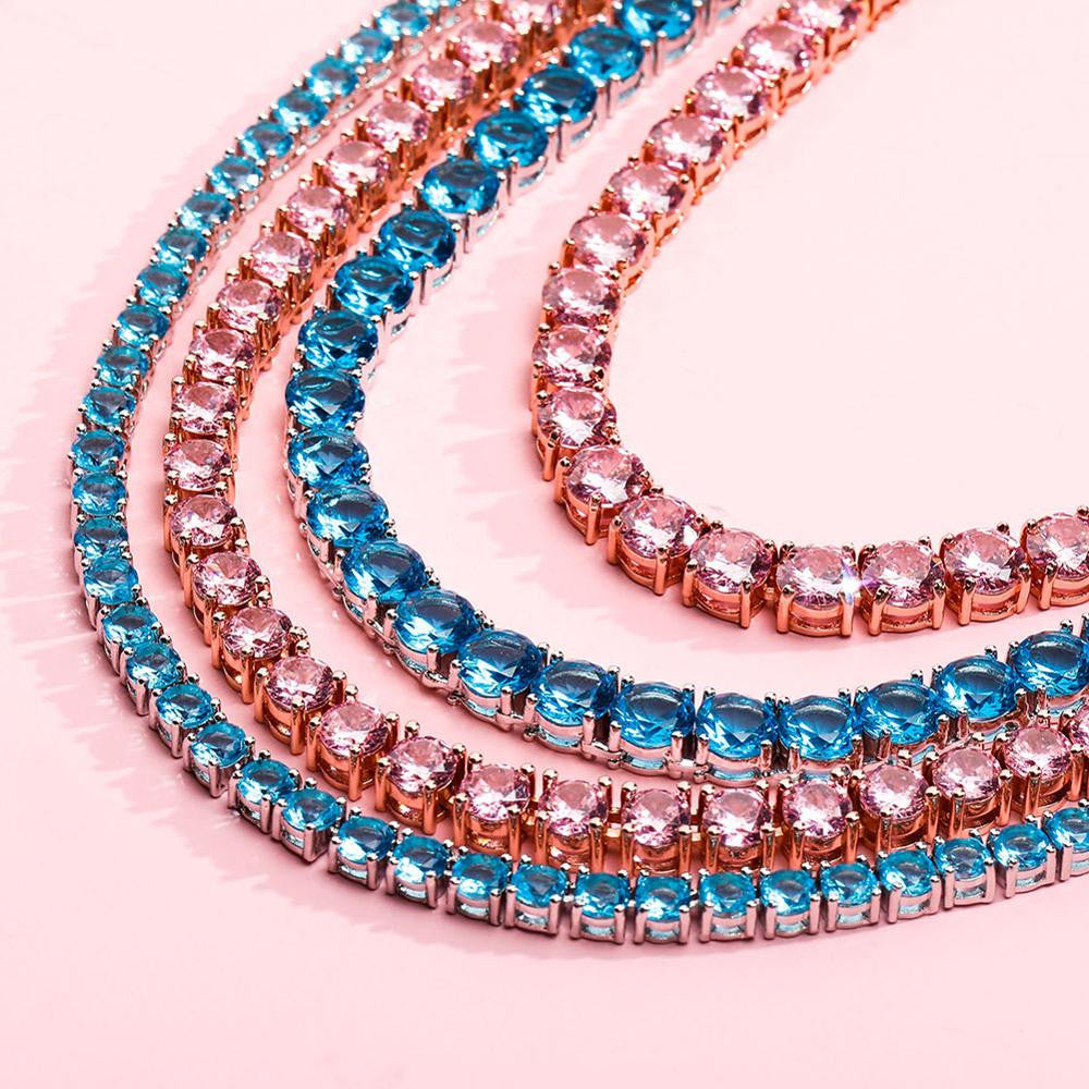 Pink Blue Iced 3mm-6mm Choker Style 1 Row AAA Tennis Chain Necklace