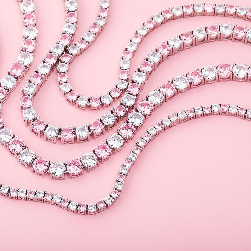 Pink Blue Iced 3mm-6mm Choker Style 1 Row AAA Tennis Chain Necklace