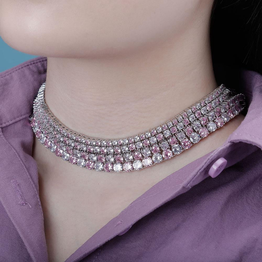Pink Blue Iced 3mm-6mm Choker Style 1 Row AAA Tennis Chain Necklace