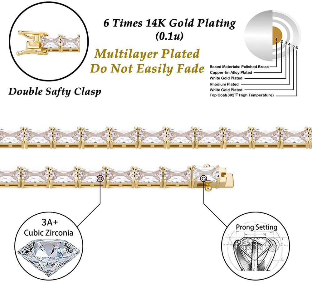 Ladies 14k Yellow White Gold 6mm Long Baguette Prong Set Tennis Chain Necklace