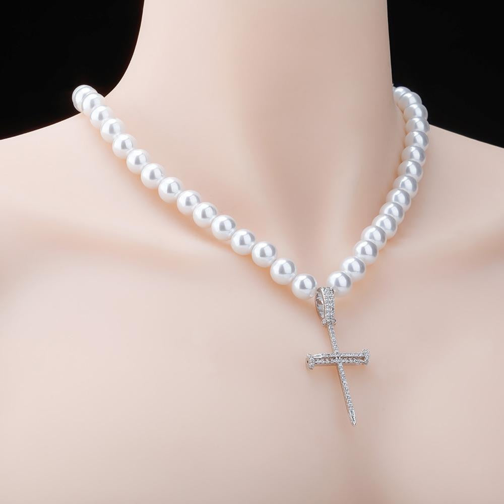 Ladies High Fashion Vintage Look White Pearl Necklace Flooded Ice Butterfly Pendant Charm