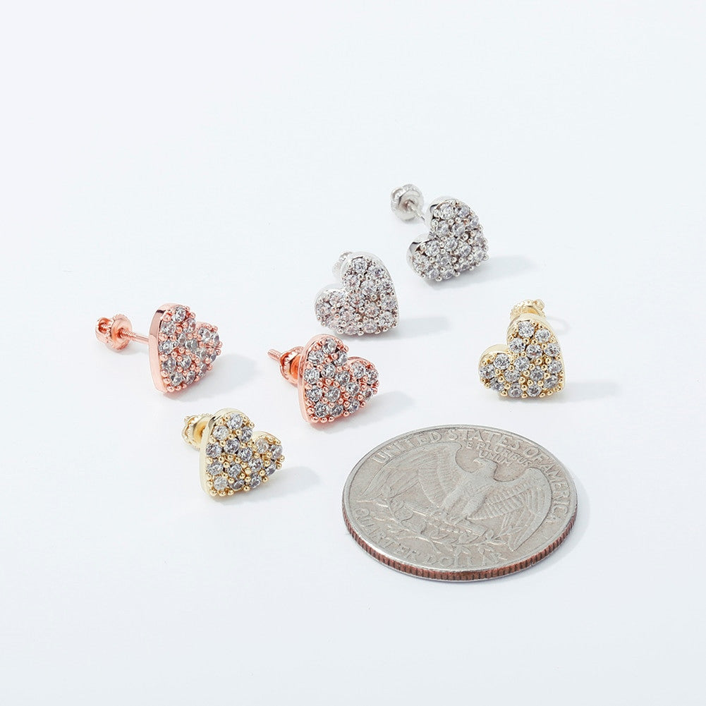 Sterling Silver AAA Flooded Ice Stone Heart Shaped Bling Stud Earrings 925