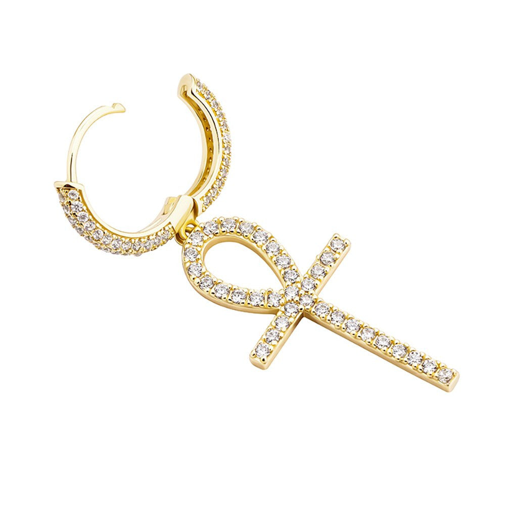 925 Sterling Silver over 14k Gold Original Ankh Cross Huggie Style Bling Earrings