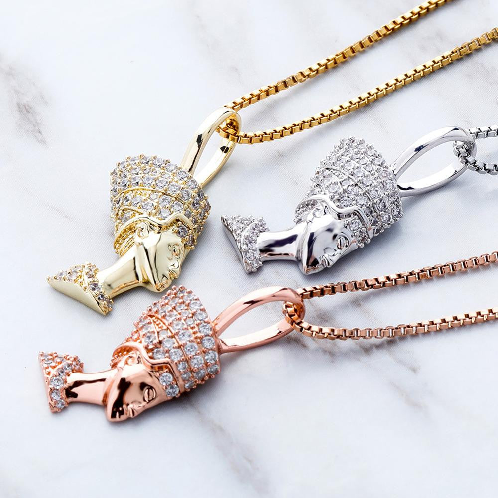 Sterling Silver Ancient African Egyptian Queen Nefertiti Iced Chain Necklace