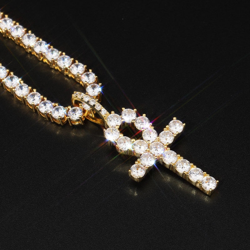 Key Of Life 925 Sterling Silver Iced Ankh Cross Egyptian Pendant Necklace