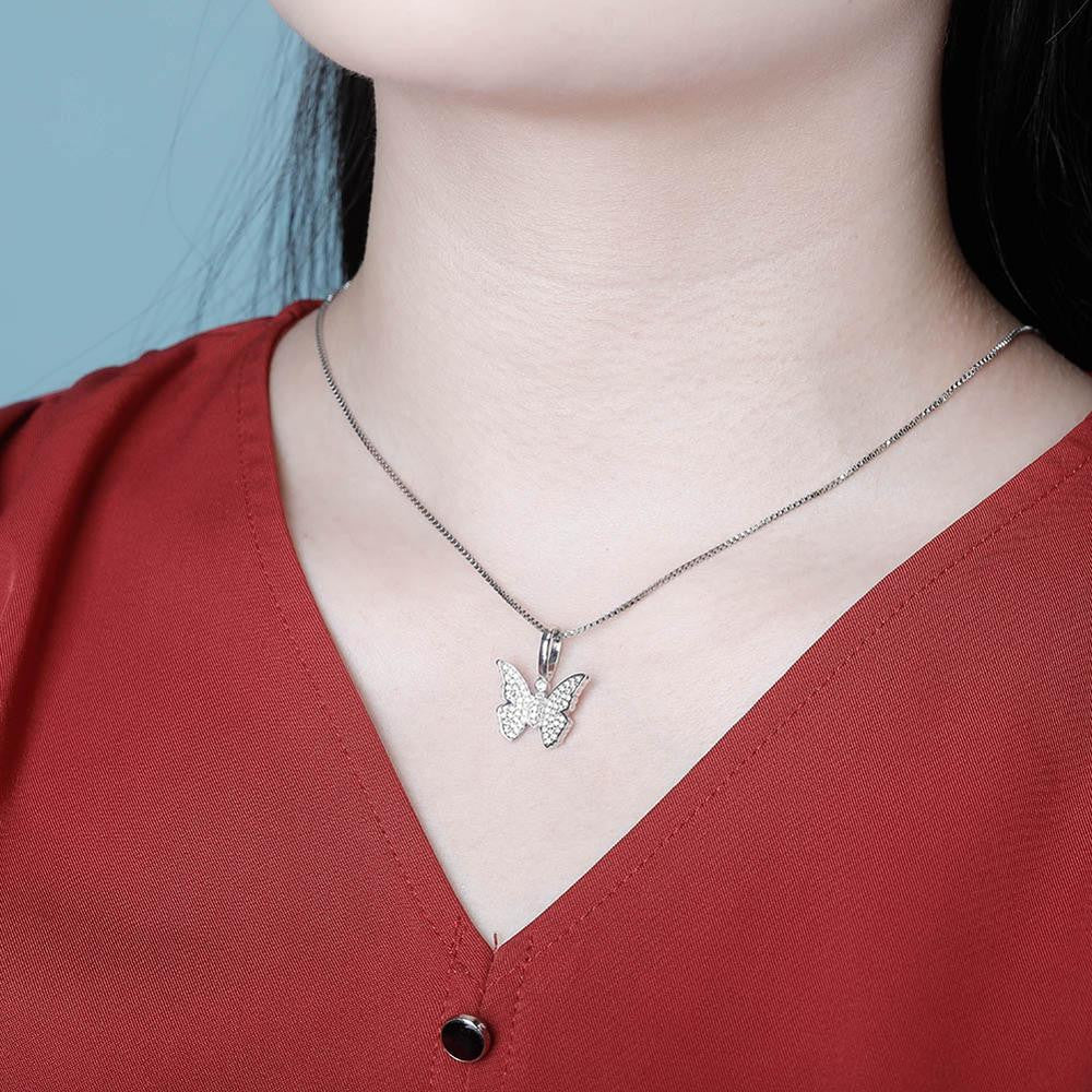 Ladies 925 Sterling Silver Bling Bling Delicate Butterfly Pendant Chain Necklace