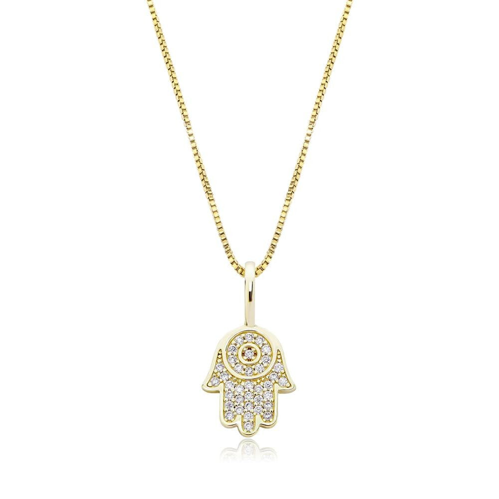 14k Rose Gold Over Sterling Silver Flooded Ice Hamsa Hand Bling Pendant Chain Necklace