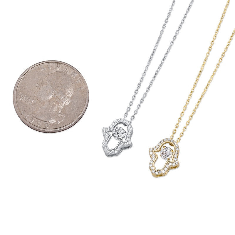 Ladies Center Stone Hamsa Hand 14k Gold Over Solid Sterling Silver Pendant Necklace
