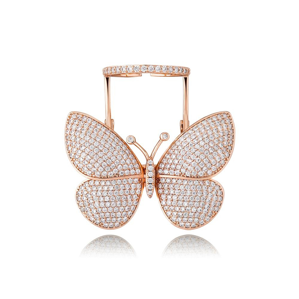 18k 925 Silver Rose Gold Ladies AAA True Micro Pave 3D Butterfly Hip Fashion Ring