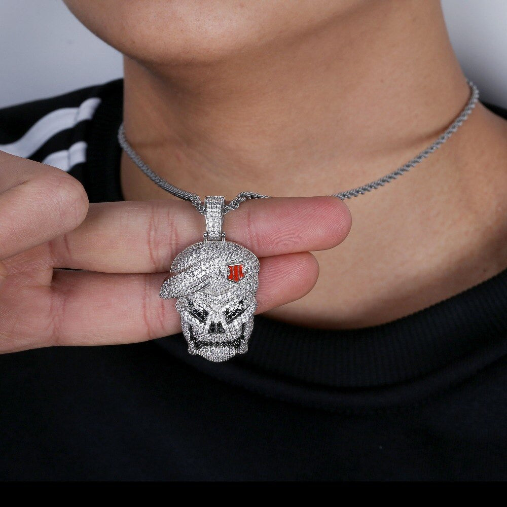 Flooded Ice Skull White Gold Black Ops Hip Hop Pendant Chain Necklace