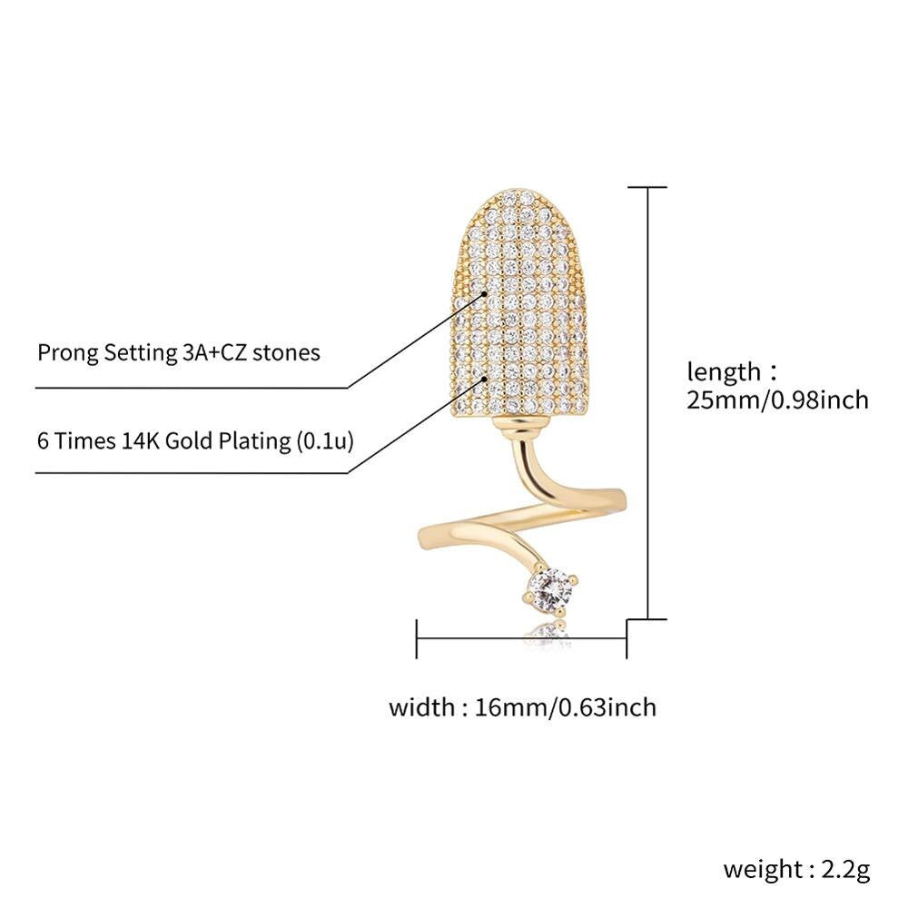 14k Gold .925 Silver Rose Gold Hip Hop Fashion Finger Nail Flooded Ice Adjustable Ring