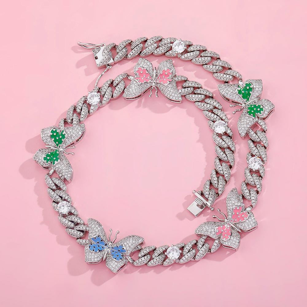 Ladies Double Color Choker Style Butterfly Cuban Link Chain Necklace