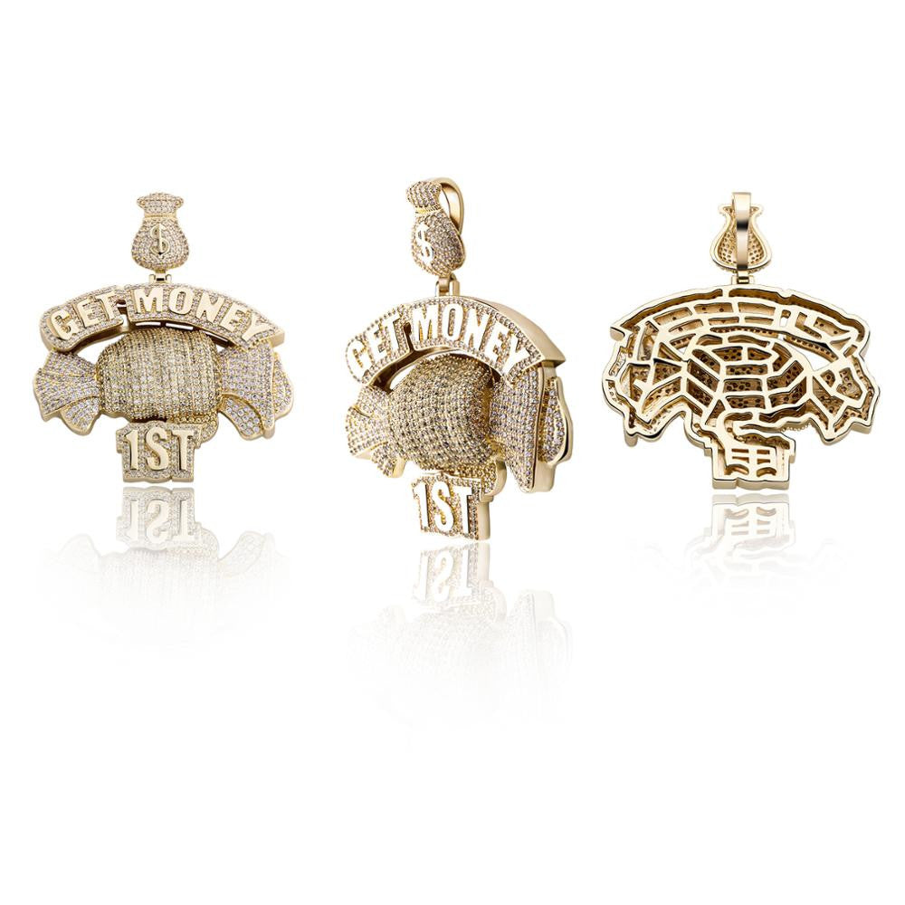 Mens Flooded Ice Get Money First Money Bag Hip Hop Pendant Chain Necklace