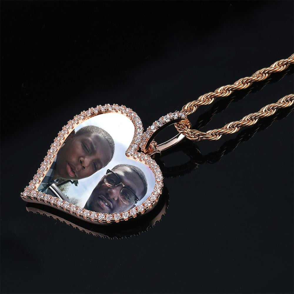 Flooded Ice AAA Micro Pave Photo Picture Heart Custom Made Pendant Chain Necklace