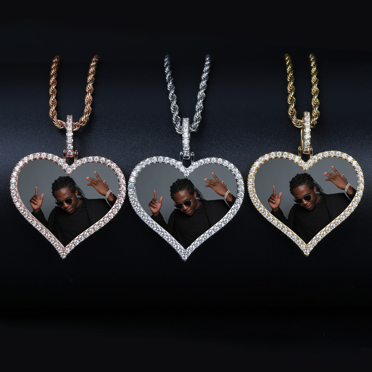 Flooded Ice AAA Micro Pave Photo Picture Heart Custom Made Pendant Chain Necklace