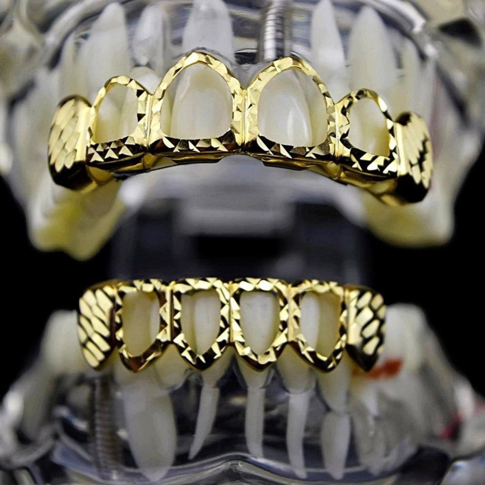 Diamond Cut Open Face Pure 14k Gold GP Grillz Set Top Bottom Hip Hop Hollow Grills