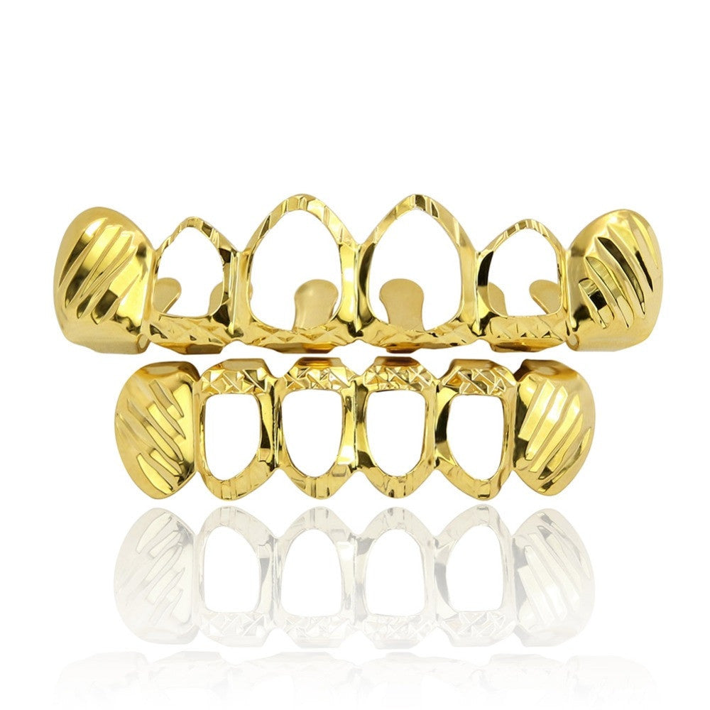 Diamond Cut Open Face Pure 14k Gold GP Grillz Set Top Bottom Hip Hop Hollow Grills