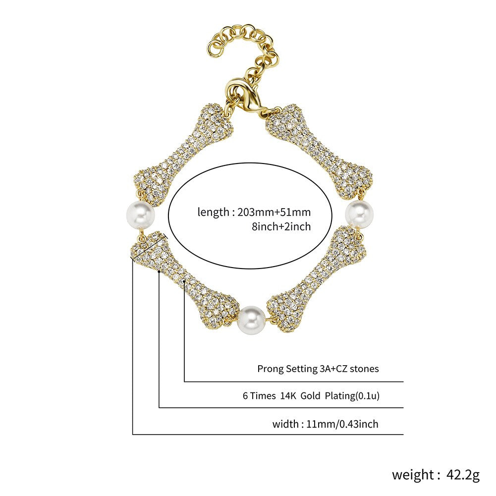 Ladies New Bone & Pearl Simulate Diamond Bling Street Wear Bracelet