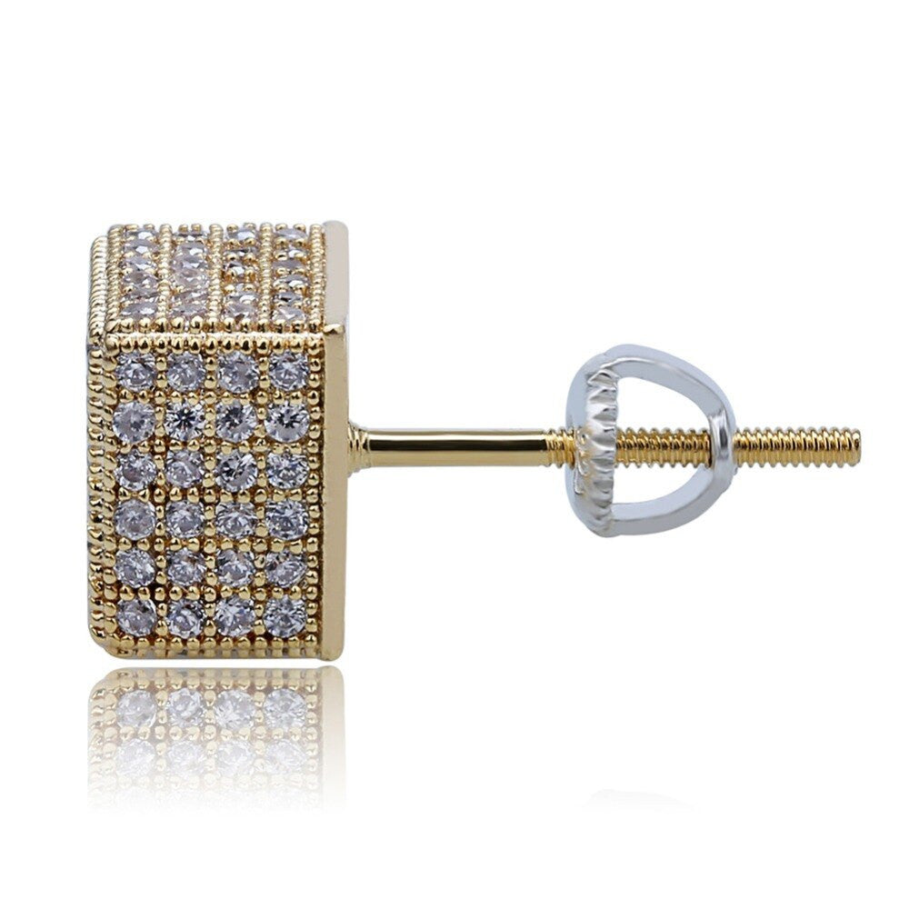 14k Gold Silver Flooded Ice AAA Micro Pave 8mm Square Stud Hip Hop Earrings