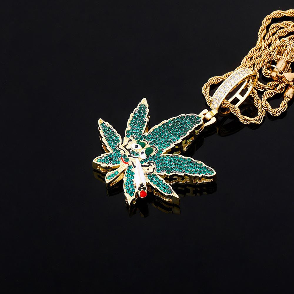 Flooded Ice Green Smoking Leaf Hip Hop Weed Pendant Bling Chain Necklace