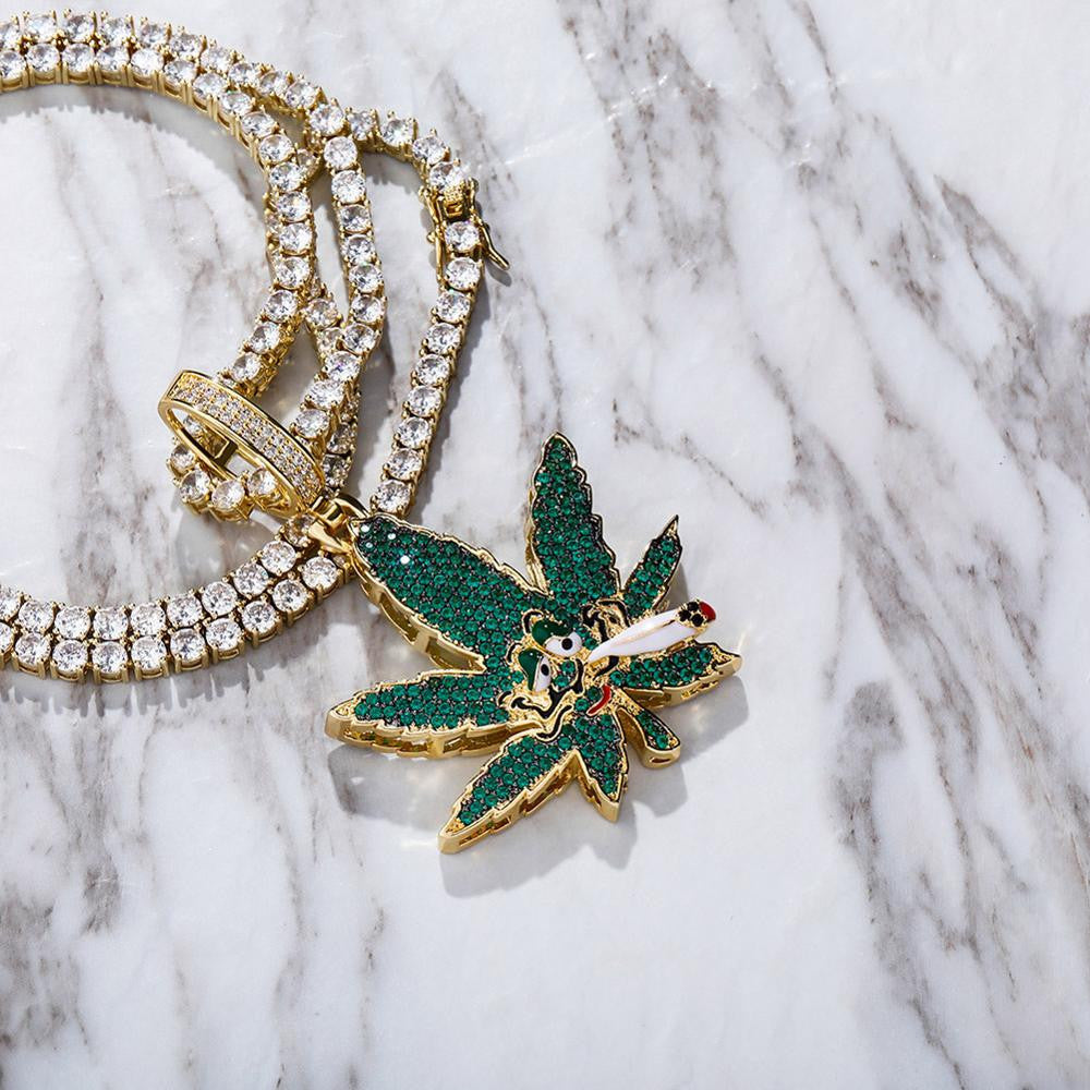 Flooded Ice Green Smoking Leaf Hip Hop Weed Pendant Bling Chain Necklace