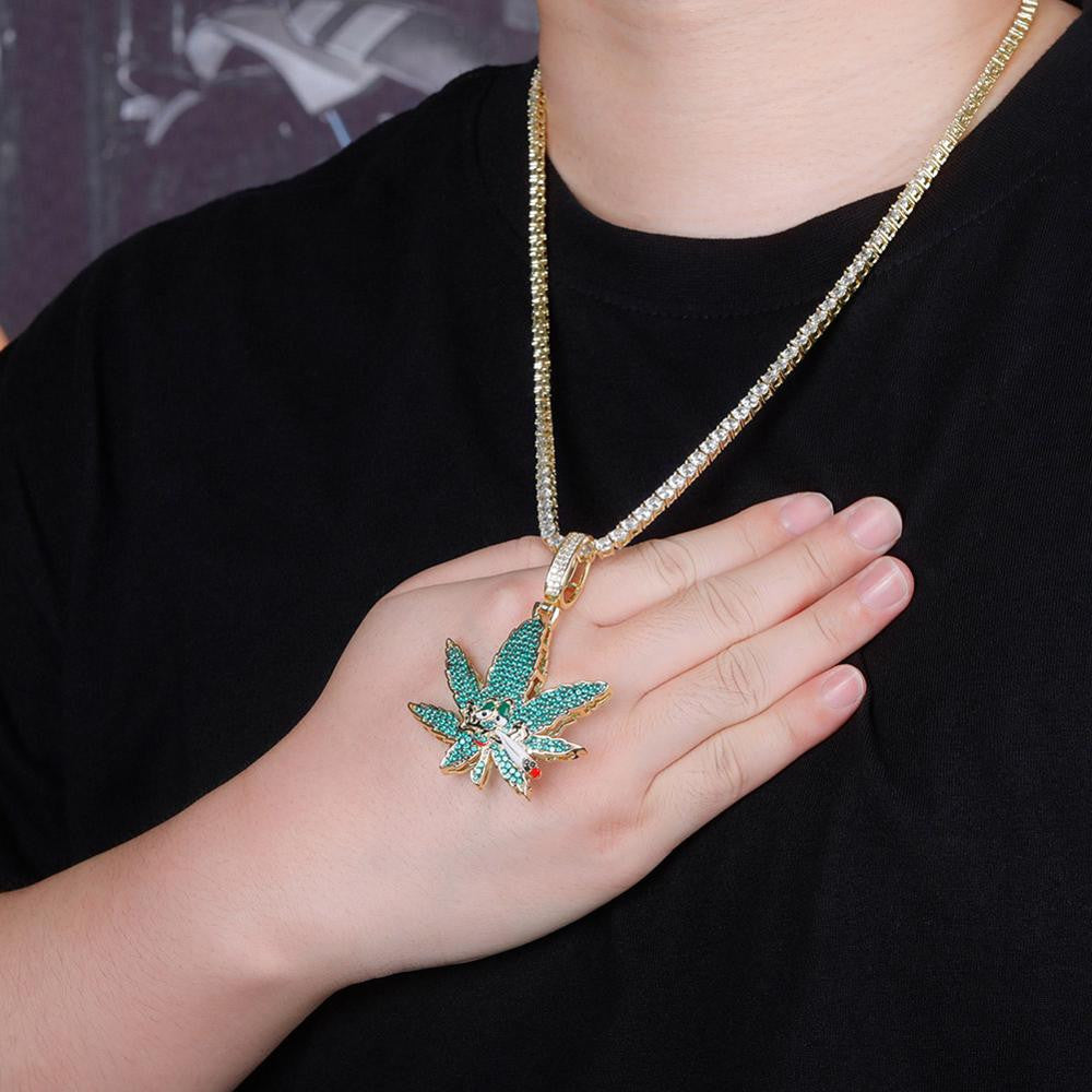 Flooded Ice Green Smoking Leaf Hip Hop Weed Pendant Bling Chain Necklace