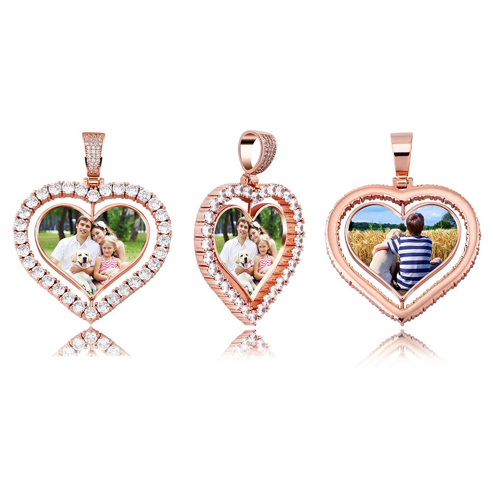 Custom Heart Shaped Spinning Photo Double Sided Picture Pendant Necklace