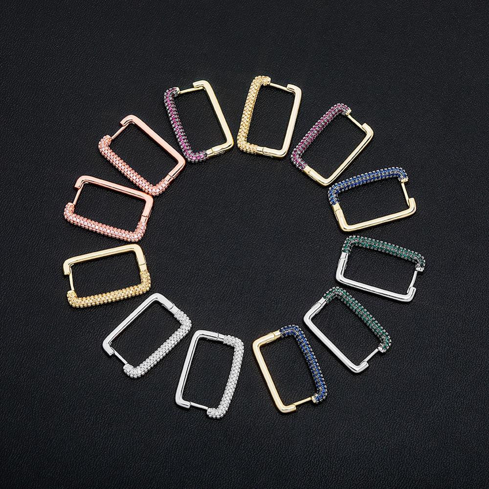 Ladies Square Hoop Cut Street Wear Fashion Flooded Ice Bling Bling Earrings