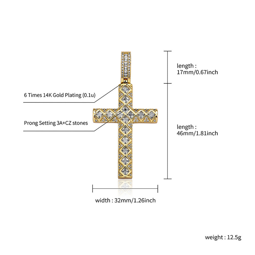 Mens Hip Hop Jagged Baguette 14k Gold 925 Silver Bling Cross pendant Chain Necklace