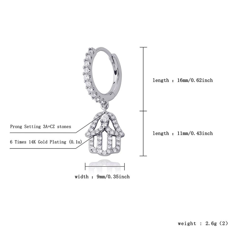 14k Rose Gold 925 Silver Hamsa Hand Street Wear Hip Hop Huggie Hoop Style Earrings