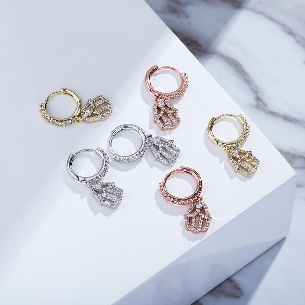 14k Rose Gold 925 Silver Hamsa Hand Street Wear Hip Hop Huggie Hoop Style Earrings