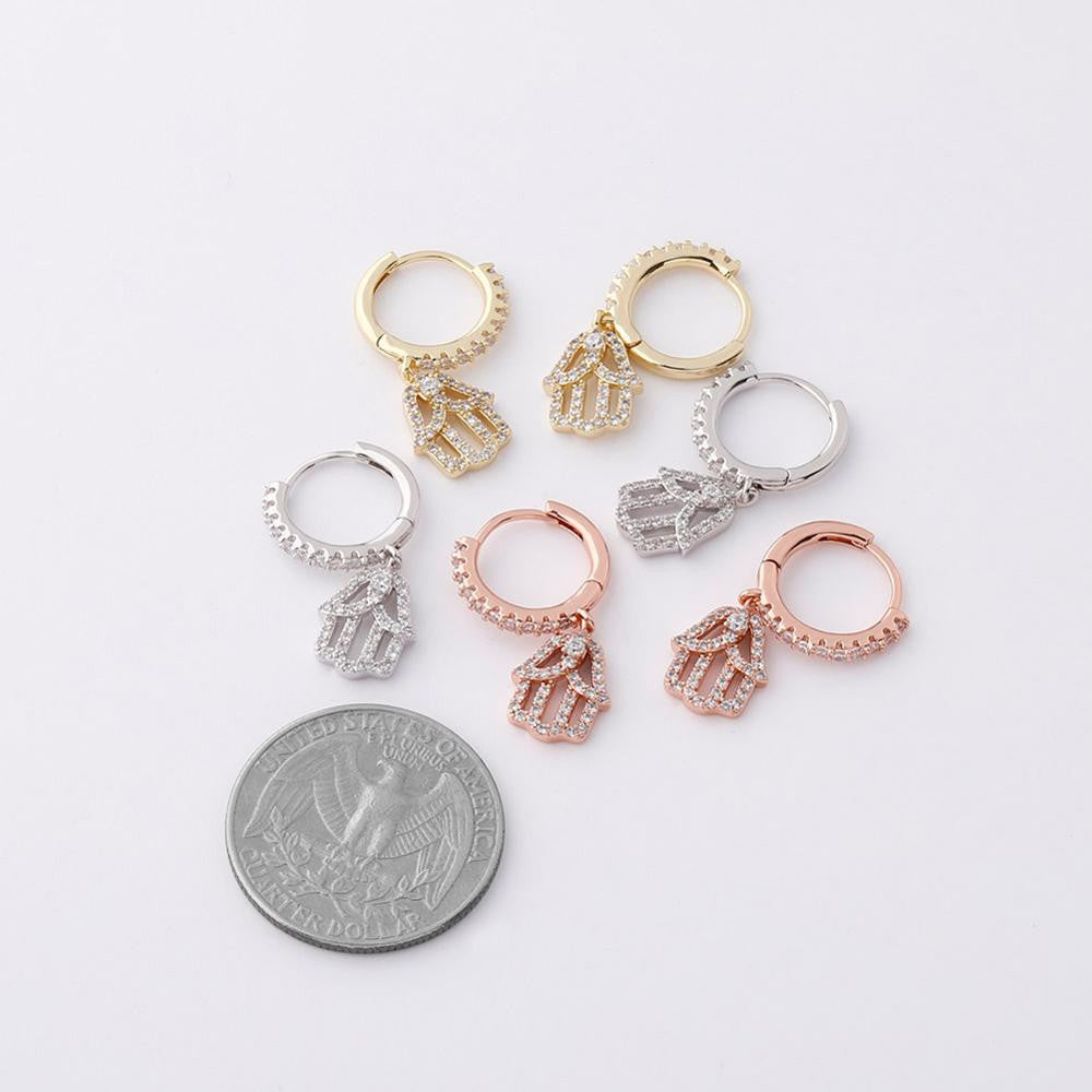 14k Rose Gold 925 Silver Hamsa Hand Street Wear Hip Hop Huggie Hoop Style Earrings