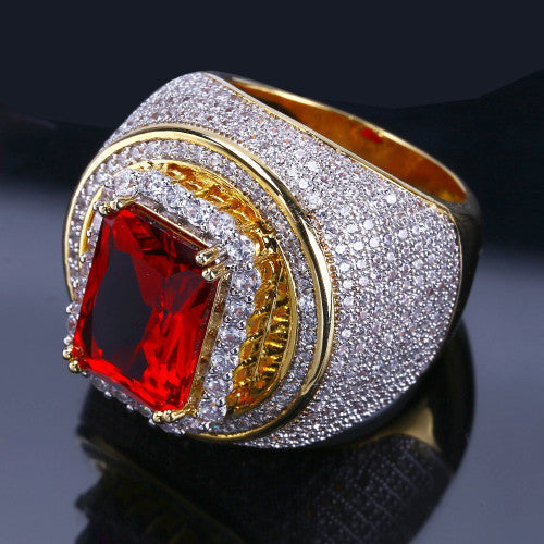 The Center Piece | Paved VVS Diamond CZ Square Cut 4 Prong Ruby Hip Hop Rings