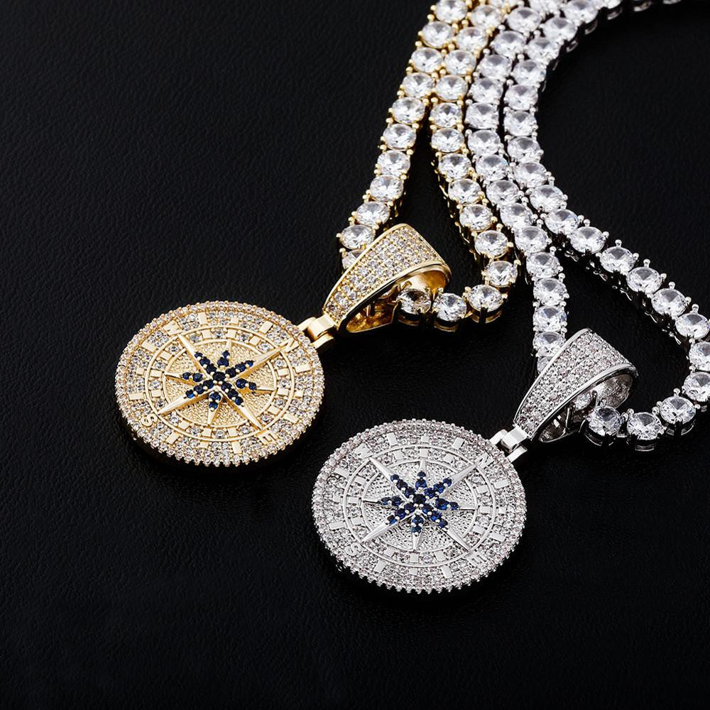 Hip Hop True Micro Pave Flooded Ice Compass Pendant Chain Necklace