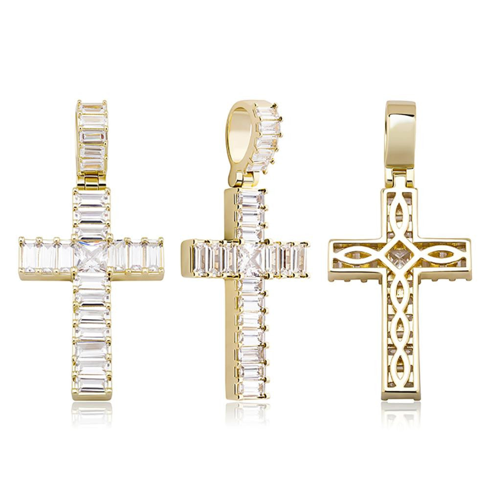Mens Hip Hop All Squared Baguette Micro Prong Set Bling Cross Pendant