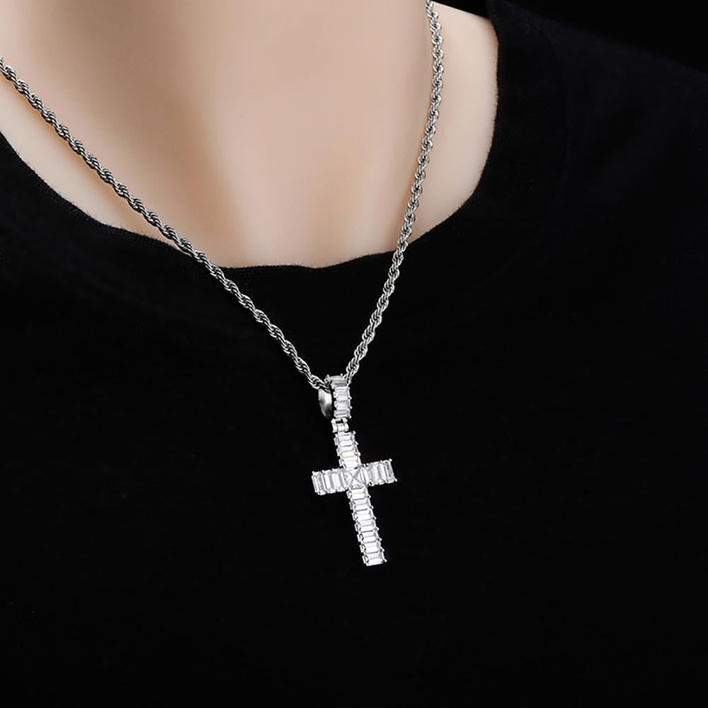 Mens Hip Hop All Squared Baguette Micro Prong Set Bling Cross Pendant
