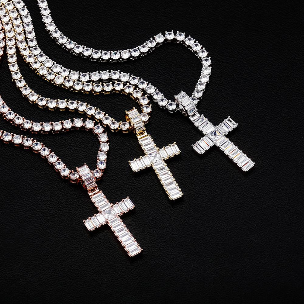 Mens Hip Hop All Squared Baguette Micro Prong Set Bling Cross Pendant