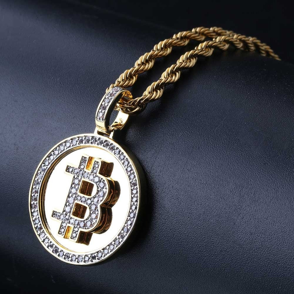 14k Gold Hip Hop Big B Bitcoin Symbol Dollar Sign Bling Bling Pendant Chain