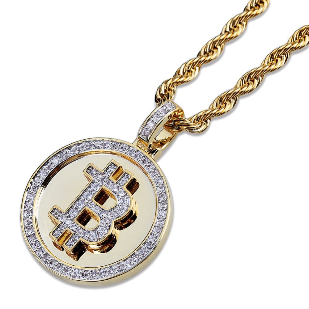 14k Gold Hip Hop Big B Bitcoin Symbol Dollar Sign Bling Bling Pendant Chain
