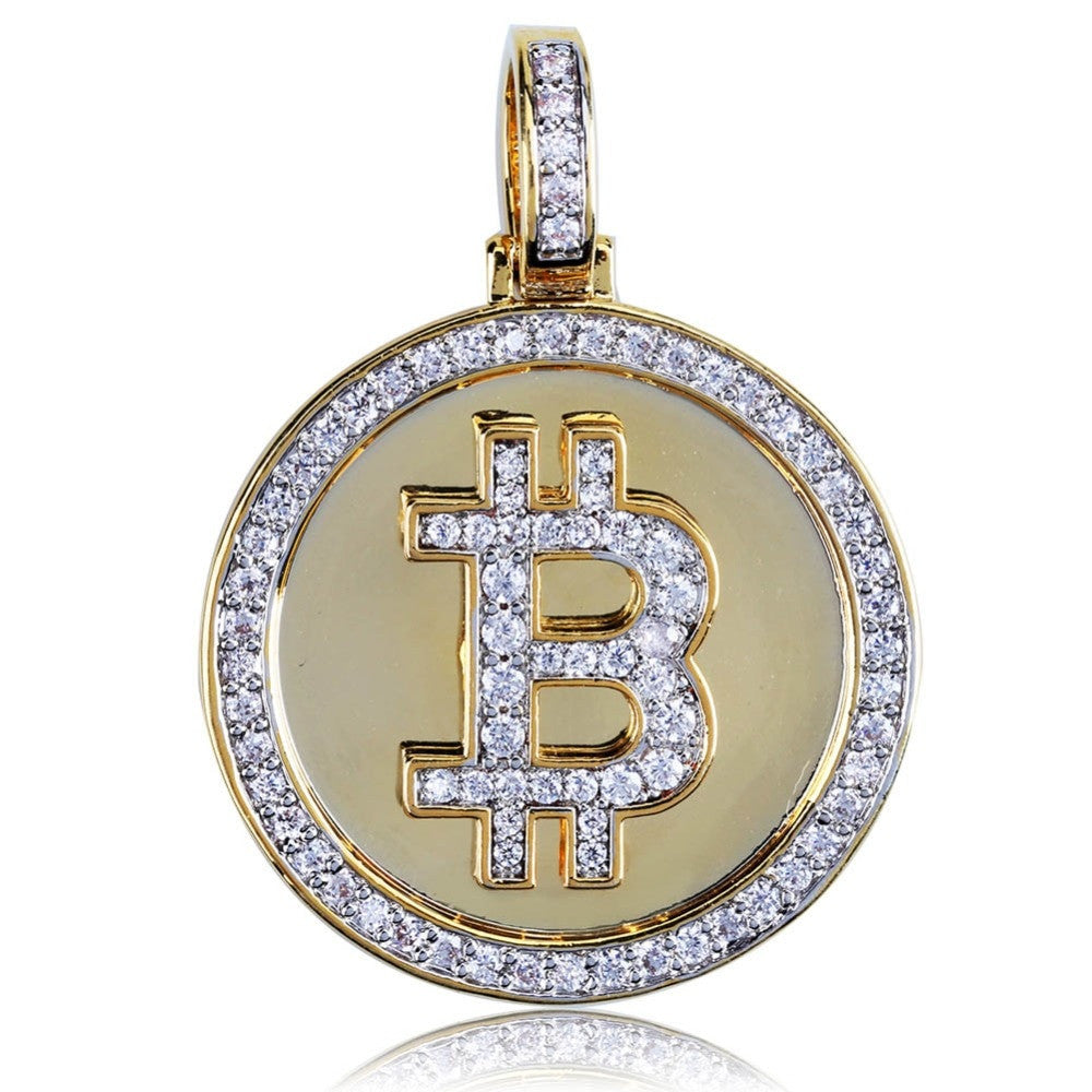 14k Gold Hip Hop Big B Bitcoin Symbol Dollar Sign Bling Bling Pendant Chain
