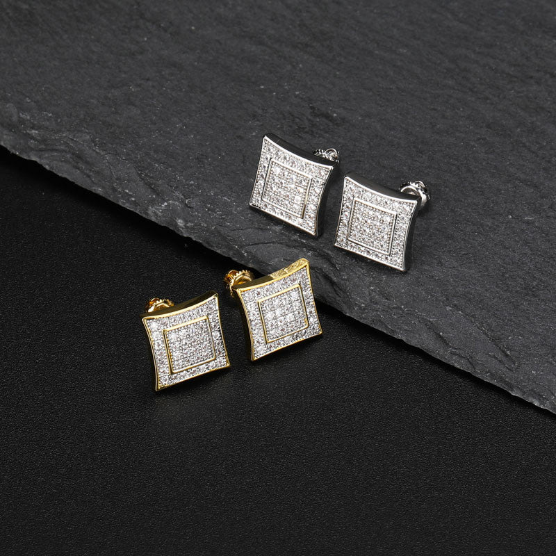 AAA Micro Pave Double Squared Hip Hop 14k Gold 925 Silver Flooded Ice Earrings