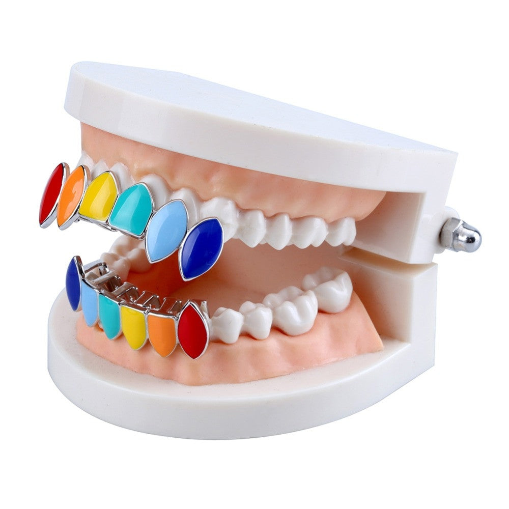 Hip Hop Gold Silver Rainbow Teeth Grillz Top Bottom Colorful Grills Set