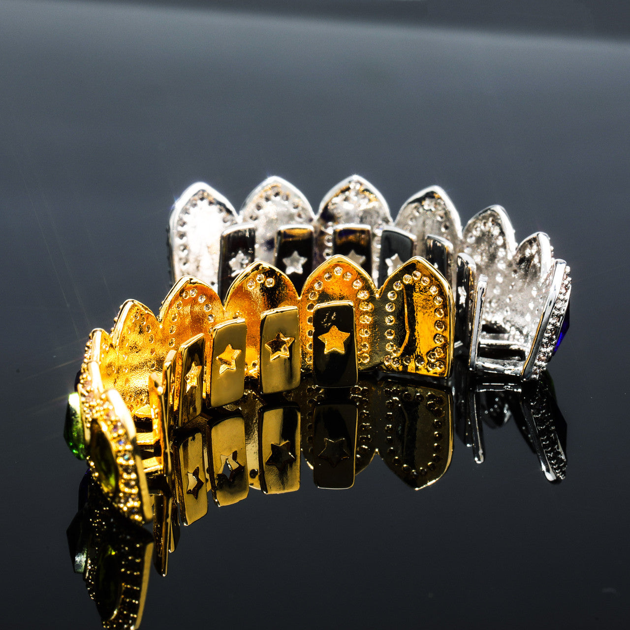 BLINGJEWELZ Crown Jewelz Flooded Ice Kings Grillz Hip Hop Mens Colorful Candy Mouth Teeth Grillz Set