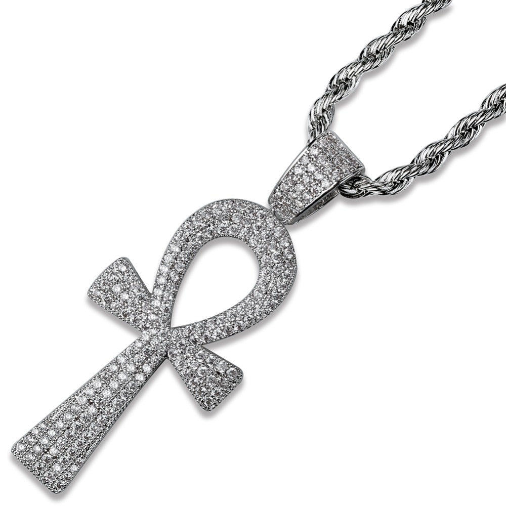 Hip Hop 14k Gold Silver Ankh Cross AAA Micro Pave Pendant Chain Necklace