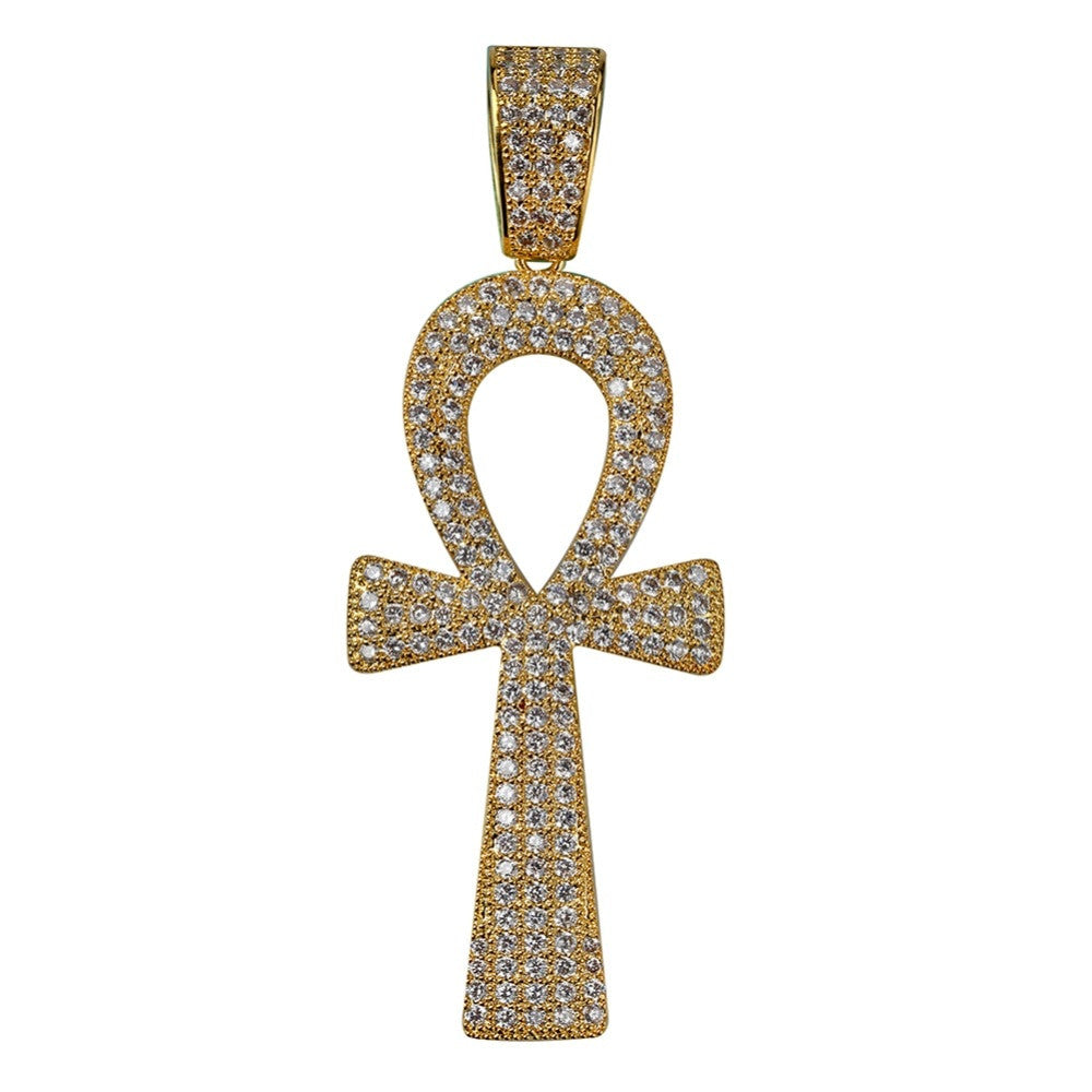 Hip Hop 14k Gold Silver Ankh Cross AAA Micro Pave Pendant Chain Necklace