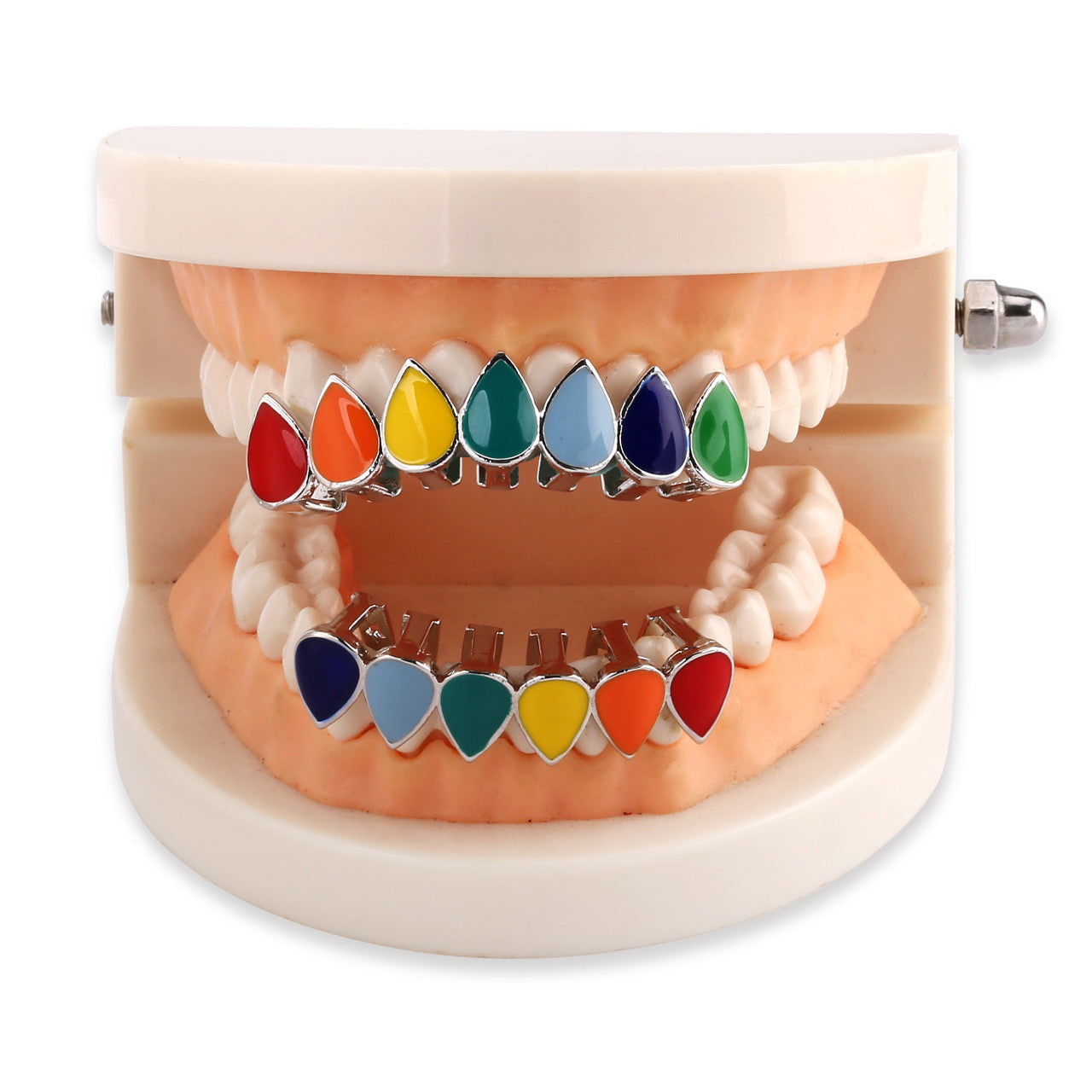 Hip Hop Rainbow Tear Drops 14k Gold .925 Silver Grillz Top Bottom Teeth Grill Set
