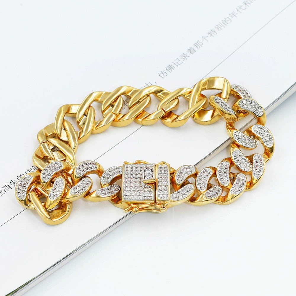 Hip Hop 14mm AAA True Micro Pave Flooded Ice Gold Silver Cuban Link Bracelet
