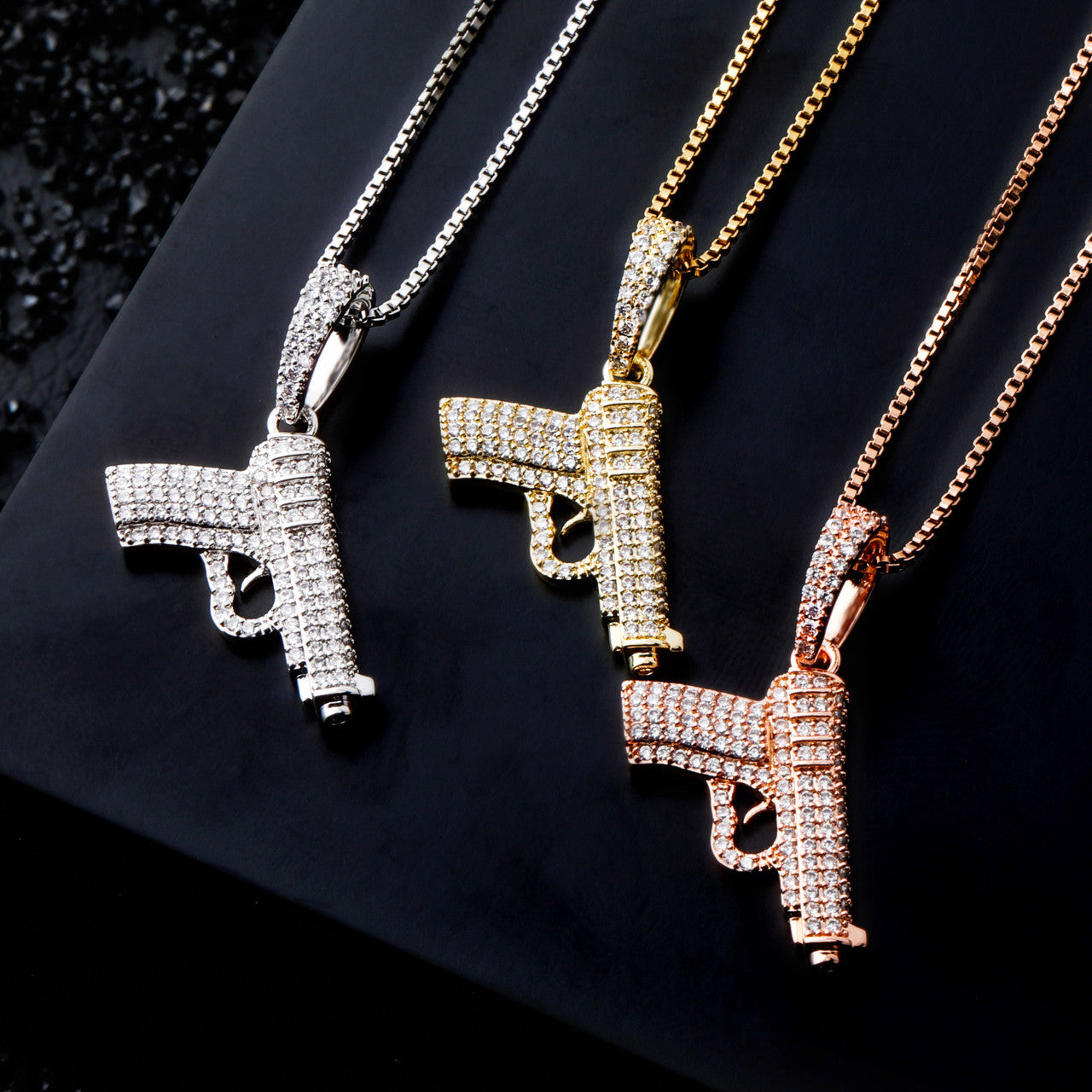 Ride or Die Hip Hop 925 Sterling Silver Rose Gold 14k Hip Hop Gun 380 Pistol Bling Pendant