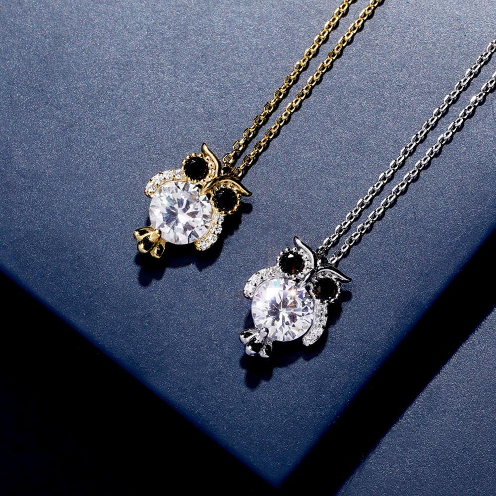 925 Solid Sterling Silver Hip Hop Fashion Glitter Owl Bling Pendant Chain Necklace