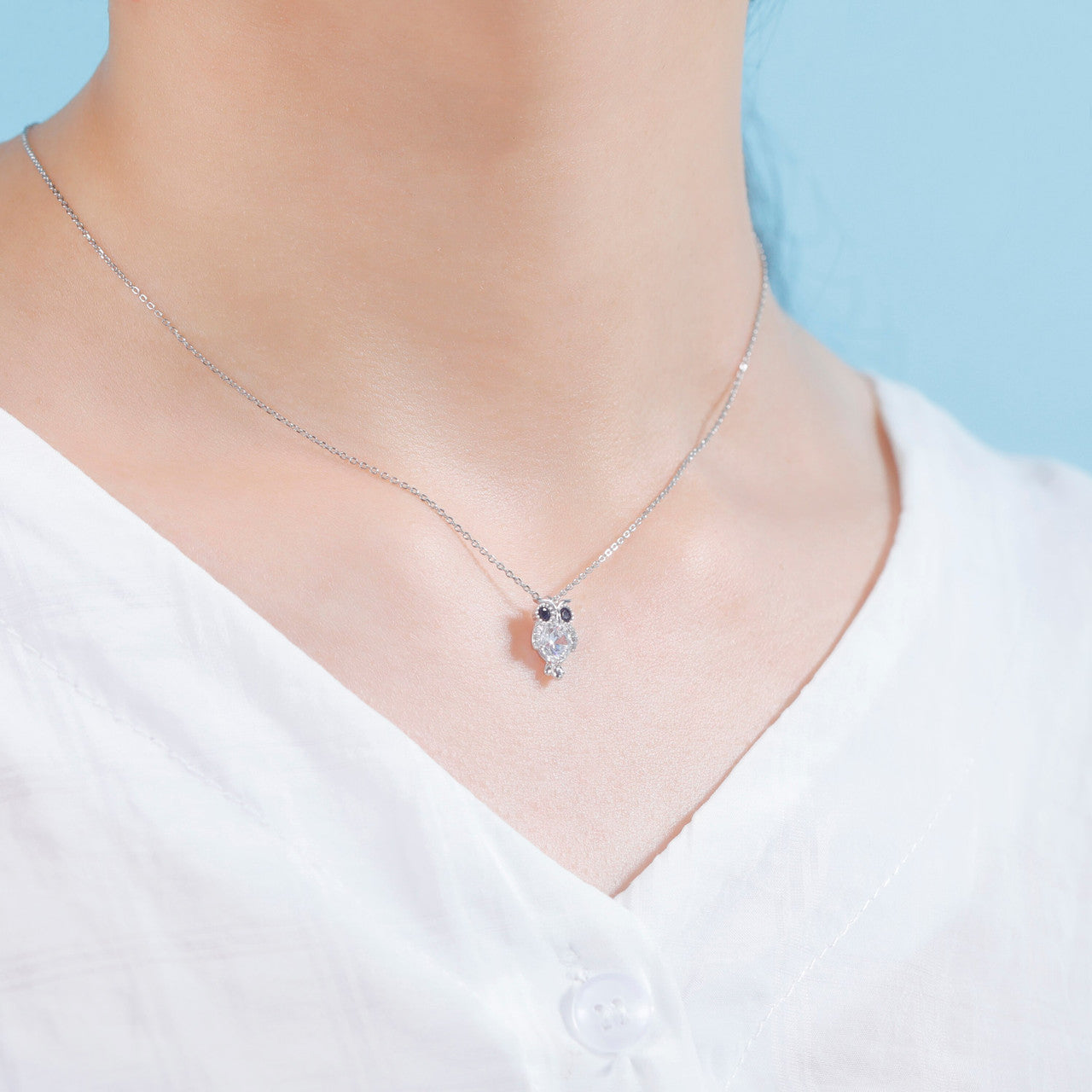 925 Solid Sterling Silver Hip Hop Fashion Glitter Owl Bling Pendant Chain Necklace